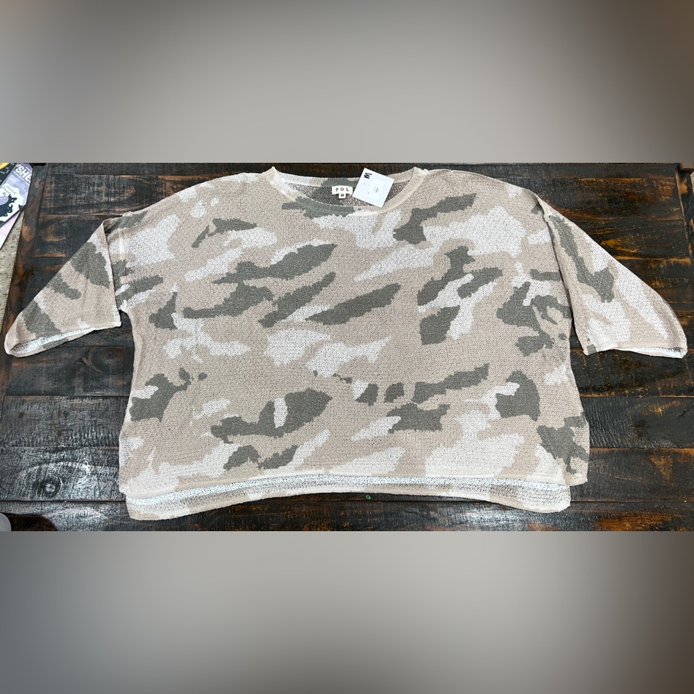 POL Textured Camo Knit Sweater in Green and Cream